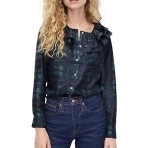 J Crew Collection 100% Silk Ruffle Neck Blouse Green Plaid Button Down Top Small